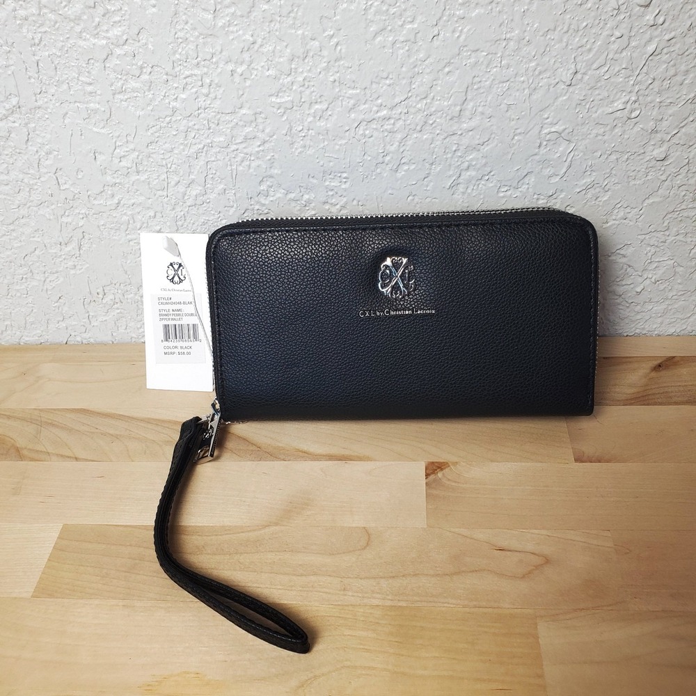 Christian Lacroix CLX Brandy Pebble Double Zipper Wallet Wristlet Black NEW